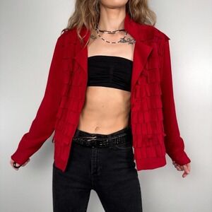 Vintage Red Fringe Jacket | Western Boho Suede Look | Size M